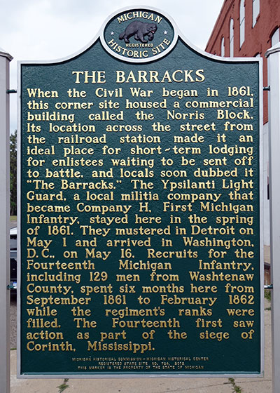 Michigan Historical Marker dedicated to "The Barracks" a builidng in Ypsilanti. Photo ©2014 Look Around You Ventures LLC.